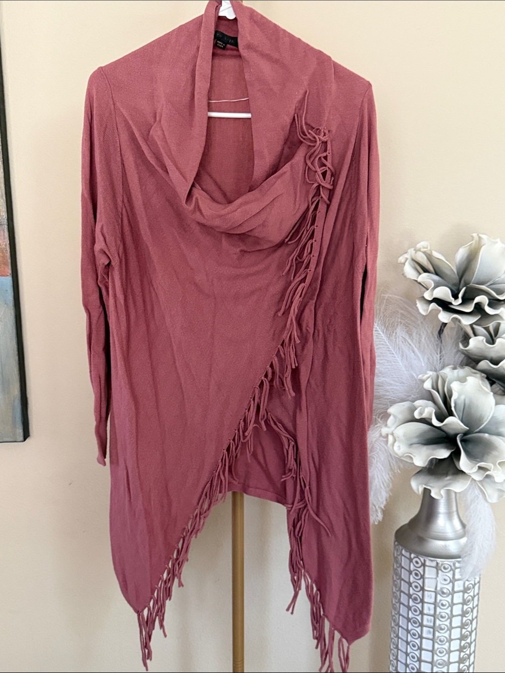 Women's Dusty Rose Fringe Drape Sweater